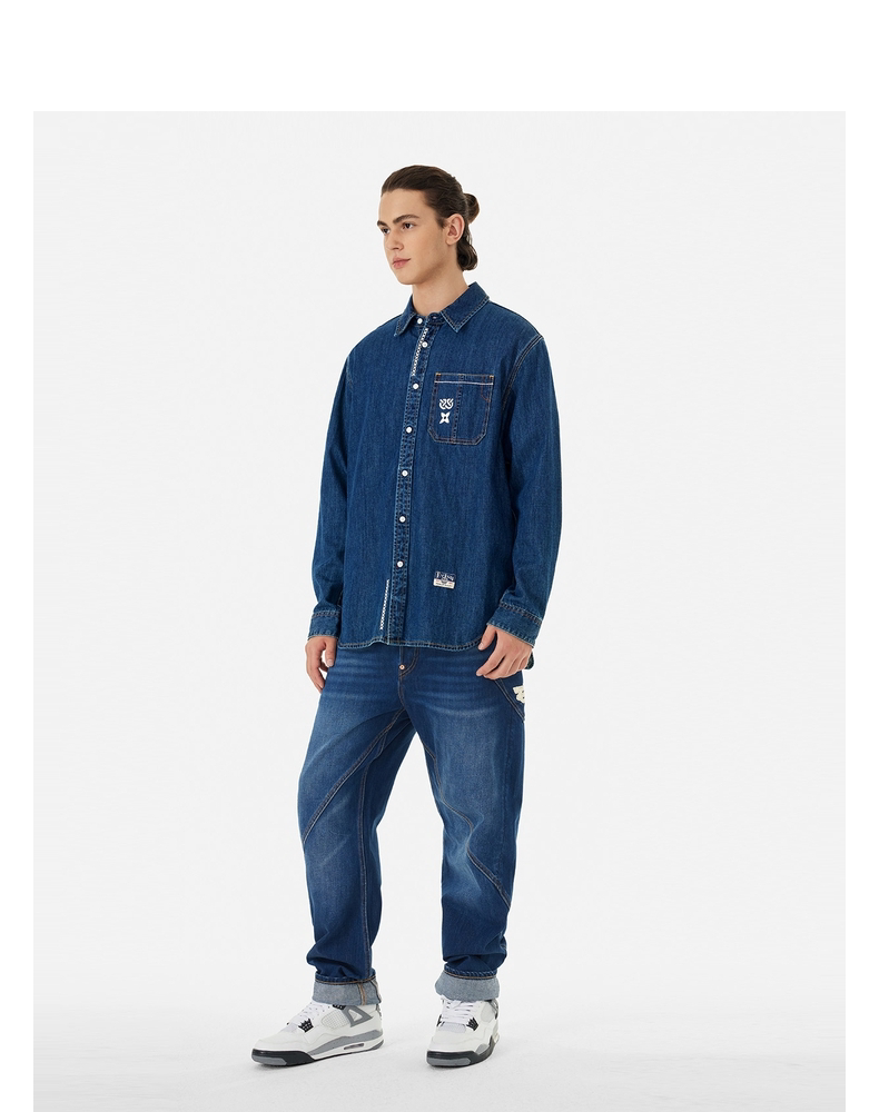 Джинсовая рубашка evisu 福神 男士手扫大m印花休闲覆古牛仔衬衫外套