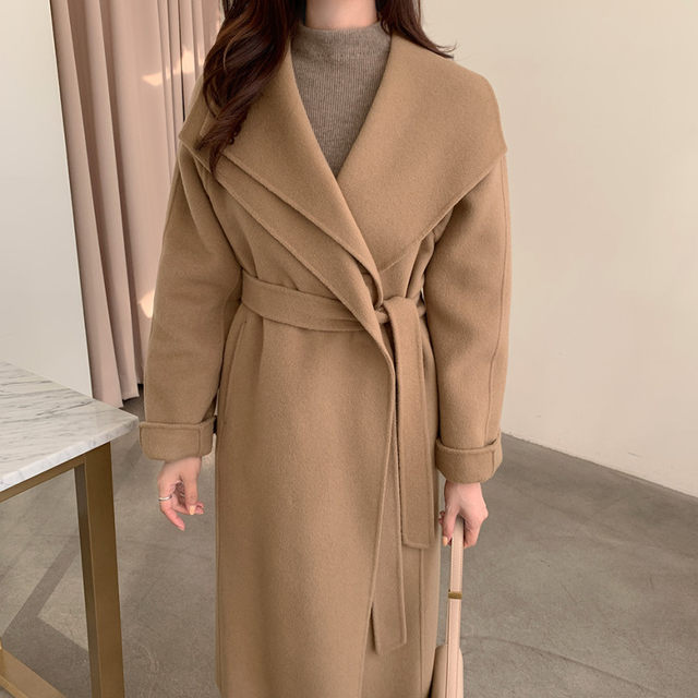 Korean chic niche design mid-length belted waist woolen coat women's woolen coat