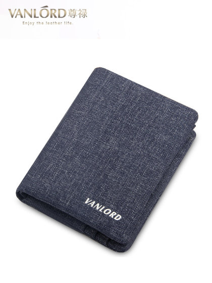 VANLORD钱包男短款牛仔布竖拉链青年三折多功能票夹多卡位皮夹子