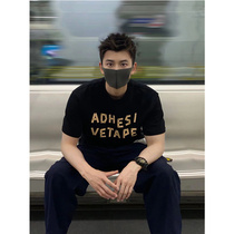 2023 Summer Cotton Short - sleeved mens black collar with Han - tag alphabet printed T - shirt mens casual tops