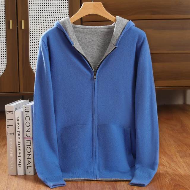 100% pure cashmere sweater for men double-sided thickened hooded sweater solid color loose casual jacket sweater