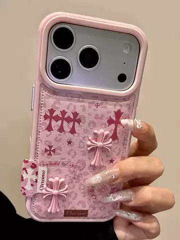 Chrome Hearts Pink Leopard Cross iPhone Leather iPhone Case for iPhone 13 – 17