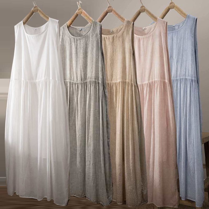 2026 Summer New Artistic Cotton and Linen Dress Plus Size Solid Color Round Neck Long Sleeveless Tank Dress Base Dress