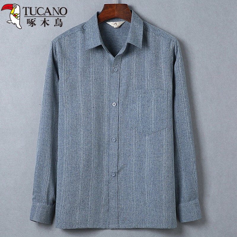 Woodpecker Summer Thin Cotton-Linen Long-Sleeve Shirt for Men, Middle-Aged and Elderly Loose Casual Shirt Grandpa Set