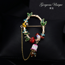 Enamel hand-painted wind chimes bird brooch female Japanese and Korean cute flower sweater jacket pin buckle corsage accessories