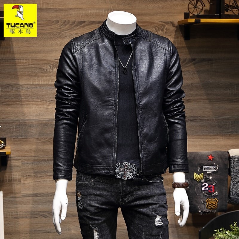 Woodpecker Official Website Genuine Leather Jacket Men's New Spring and Autumn Slim Fit Stand Collar Sheepskin Jacket Motorcycle Jacket