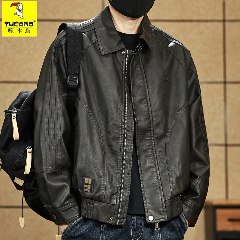 Woodpecker High-End Brand Haining Spring New Vintage Large Size Genuine Leather Men's Sheepskin Motorcycle Jacket