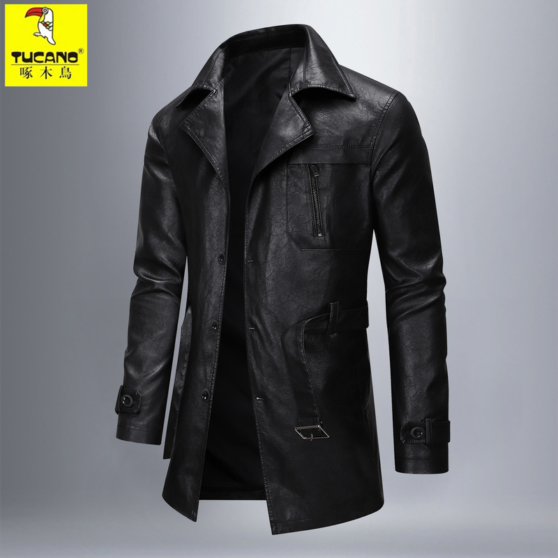 Woodpecker Genuine Men's Haining Mid-Length Leather Jacket for Spring and Autumn, Suitable for Young and Middle-Aged Men, Made of Sheepskin Woodpecker Genuine Men's Haining Mid-Length Leather Jacket for Spring and Autumn, Suitable for Young and Middle-Aged Men, Made of Sheepskin
