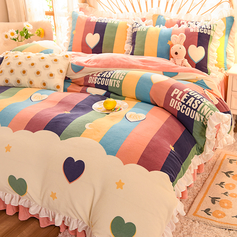 Milk Suede Four Pieces Winter Thickened Coral Suede Bed Quilt Cover Bed Skirt With Three Sets Bed Linen Flannel Bed Hat