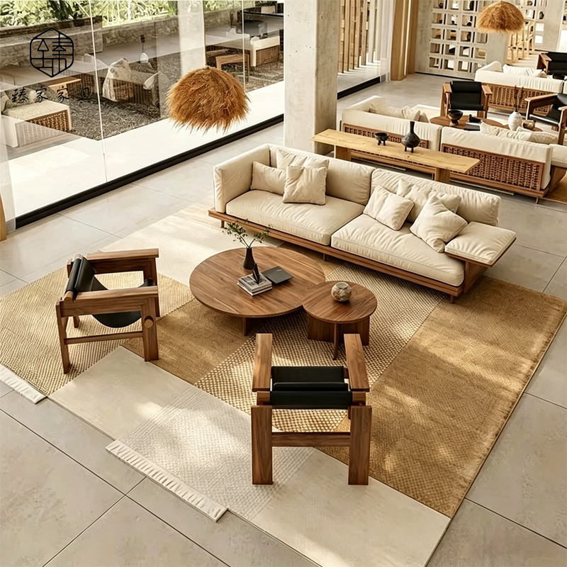 Wabi-Sabi Style Guesthouse Lobby Straight-Row Sofa Hotel Lobby Reception Solid Wood Sofa Sales Office Meeting Reception Booth Wabi-Sabi Style Guesthouse Lobby Straight-Row Sofa Hotel Lobby Reception Solid Wood Sofa Sales Office Meeting Reception Booth