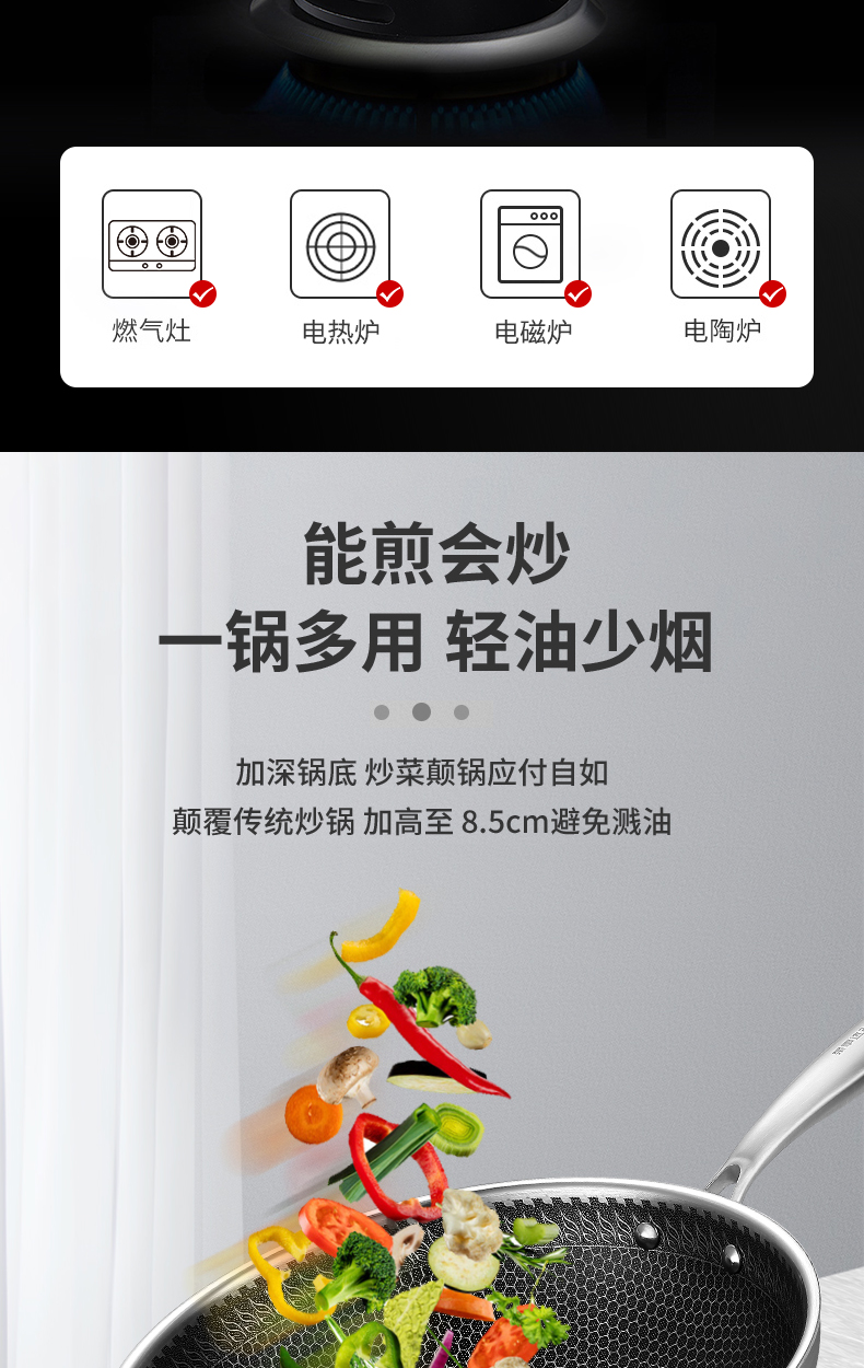 荣事达 全面屏蜂窝304不锈钢不粘炒锅 32cm 图11