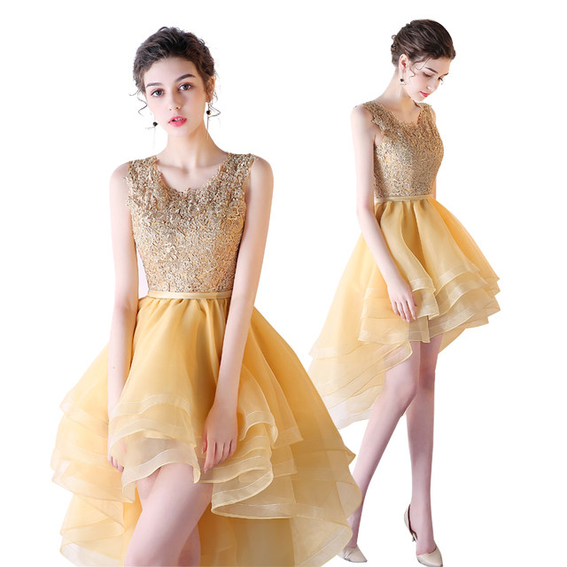 Evening dress 2022 new gold short fashion front short back long host annual meeting dress dress adult ceremony