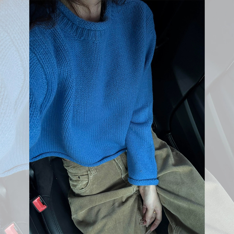 Lazy Style Blue Rolled-Edge Pullover Sweater for Women, Autumn and Winter Korean Style, Loose Fit, Slimming, Short Knit Top for Petite Figures