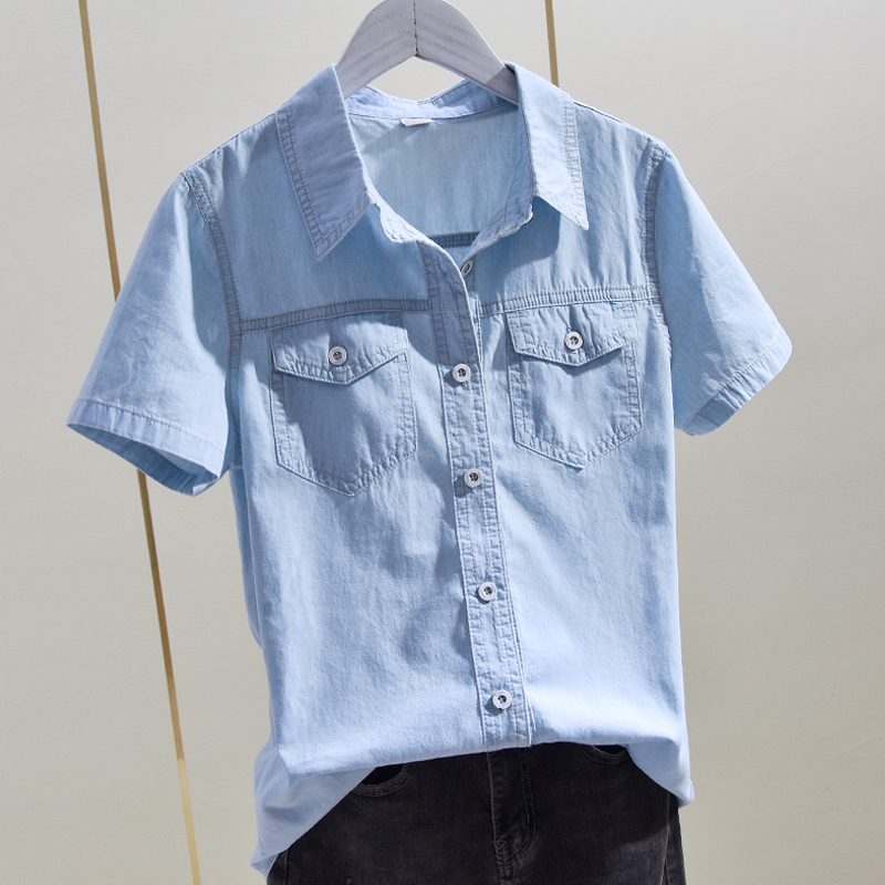 Slim-Fitting Denim Shirt for Women, New Summer Korean Style Slimming Short-Sleeved Workwear Top, Retro Light Blue Thin Shirt