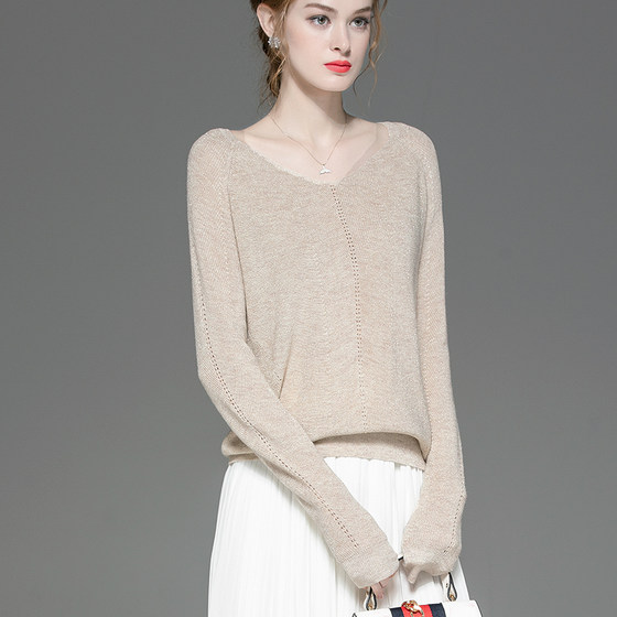 French lazy style sweater for women, loose low V-neck top, pullover sweater, hollow bottoming, spring and autumn