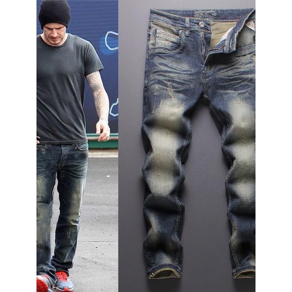 Beckham Celebrity Style Youth Jeans Men's Vintage Ripped Trendy Brand Slim Straight Dark Color