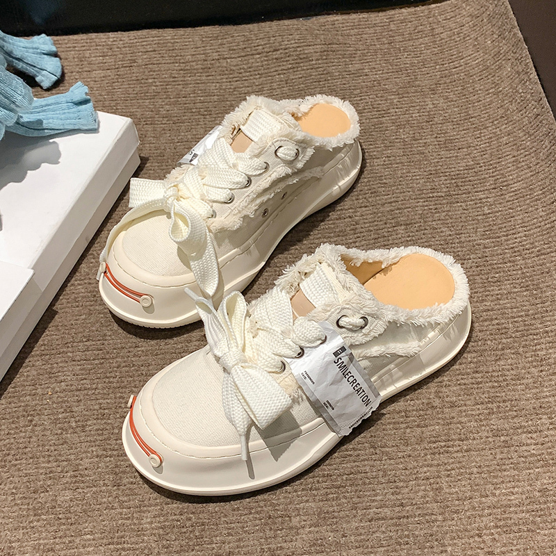 【Saka】Tan Jianci's Same Style Canvas Shoes, Open-Toe, Thick-Soled White Sneakers, 2026 Breathable Slip-On Half-Mules for Women
