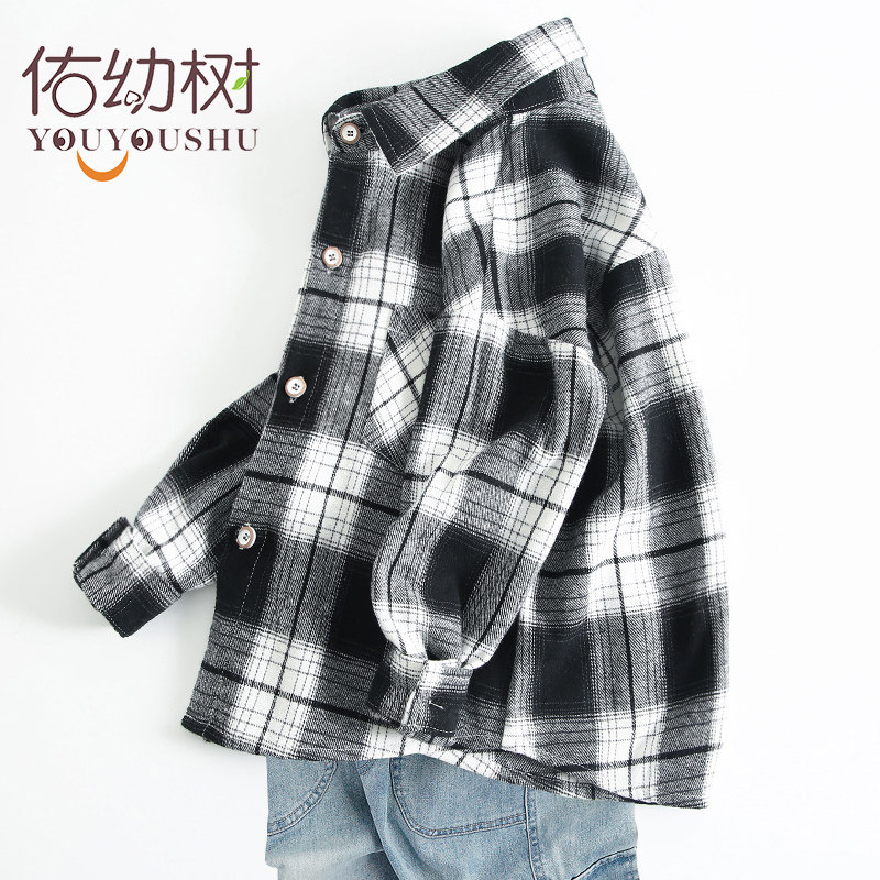 Boy Plaid Shirt Children Spring Autumn New CUHK Children's Spring Dress Boy Pure Cotton Mill Fur Long Sleeve Shirt Tide