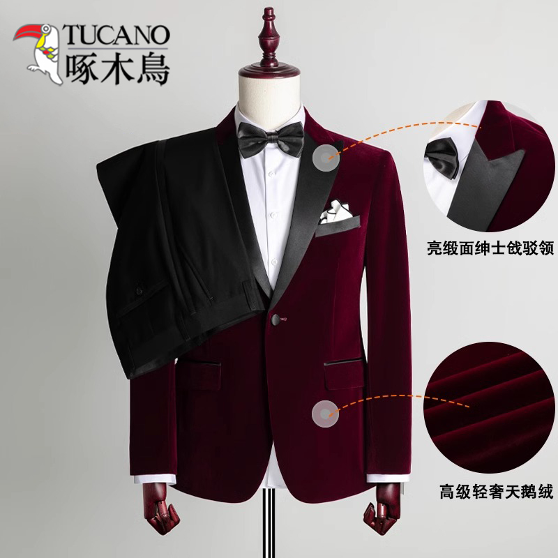 Woodpecker Burgundy Velvet Suit Men's Suit Gentleman Stage Banquet Groom Wedding Suit Evening Dress