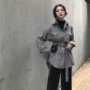 Phiên bản Hàn Quốc của gió lười chic chic eo kẻ sọc áo len nữ mùa thu đông 2018 mới houndstooth áo dài áo dạ cho người trung niên