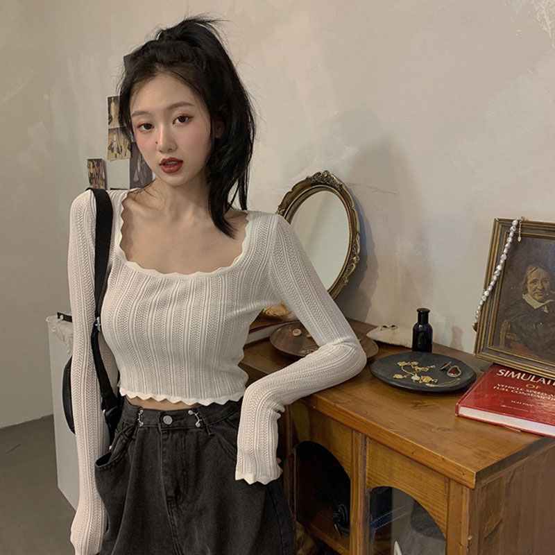 Early autumn new hollowed-out knitwear sweatshirt woman slim fit lace fashion long sleeve blouse design sensation small crowdsuit