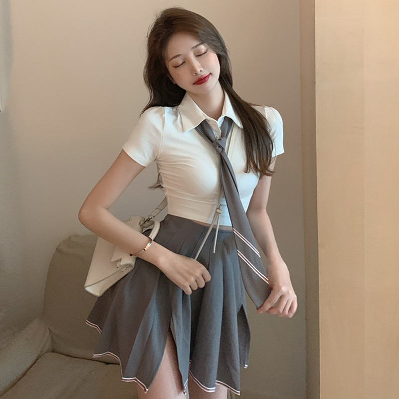 Sexy student jk tie uniform tight short college style top 2021 new female summer white T-shirt