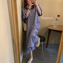 Striped lazy dress long belly slim dress female 2021 new size loose knee T-shirt skirt tide