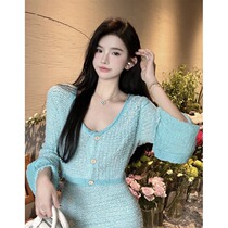 Famous Yuan small Fragrant Wind Fashion Rough Stitch Wool Cardigan Cardigan half body dress Short dress Suit Women Summer Advanced Sensation Two Sets