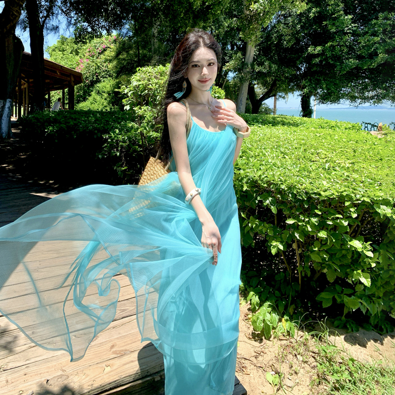 Seaside Resort Style Lake Blue Chiffon Suspender Dress for Women in Summer, Loose, Slimming, Flowing, Long Skirt, Super Fairy-Like