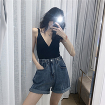 High waisted denim shorts womens 2021 new five-point pants womens straight tube flavor ins thin loose loose wide leg pants