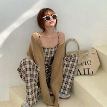 Pants women 2021 New Tide small man temperament fashion Plaid suspenders casual wide leg mopping pants