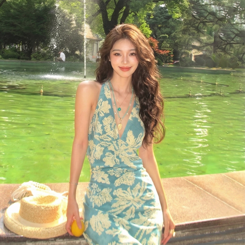 Seaside Super Pretty Peacock Blue V-Neck Floral Halter Neck Spaghetti Strap Dress for Women, Summer Southern French Vacation Style Backless Long Dress