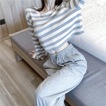 Short Striped T-shirt Women 2021 New Early Autumn Sexy High Waist Open Loose ins Tide Temperament Joker Top