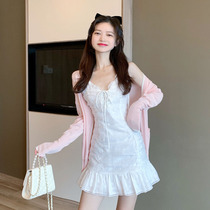 French White first love skirt 2021 summer new niche design tie-up waist slim suspender dress