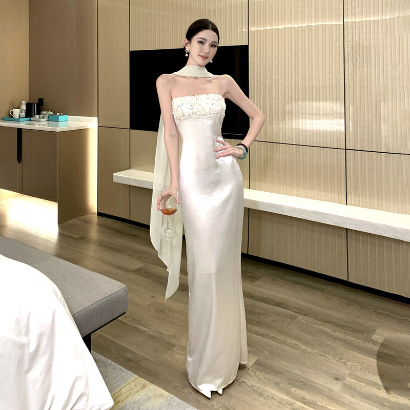 Strapless Dress, Heavy Craftsmanship, Light Luxury, High-End Socialite Style, Birthday Evening Dress, Heavy Craftsmanship Shawl, Sequin Waist-Cinching Long Dress