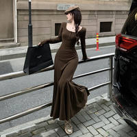 French retro Maillard brown long-sleeved dress for women in autumn, slim fit pinch waist and A-line fishtail long skirt