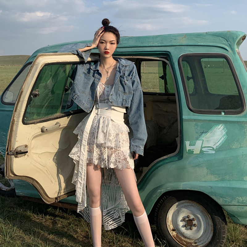 Online Red Denim Jacket Woman Spring Fall 2022 New Loose Korean Version Tide 100 hitch a little subshort jean