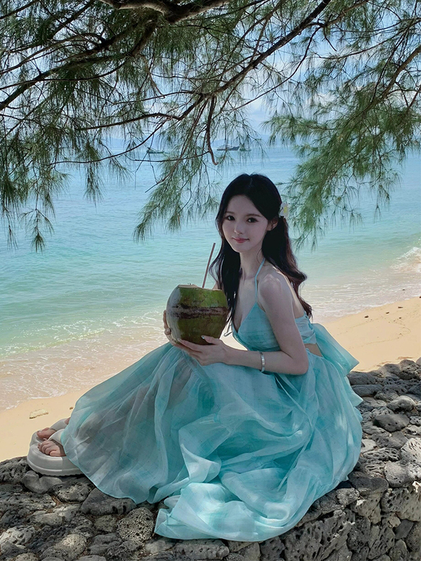 Mint Mambo Seaside Vacation Vibe Beach Dress with a Unique Design, Halter Neck Dress with a Fairy-Like Aura and a Large Flared Skirt Mint Mambo Seaside Vacation Vibe Beach Dress with a Unique Design, Halter Neck Dress with a Fairy-Like Aura and a Large Flared Skirt
