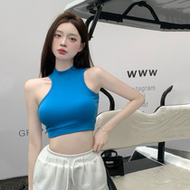 European and American Sexy Dew Navel back digging shoulder short Skinder with slim sleeveless vest woman Summer outside wearing pure desire to display chest blouses