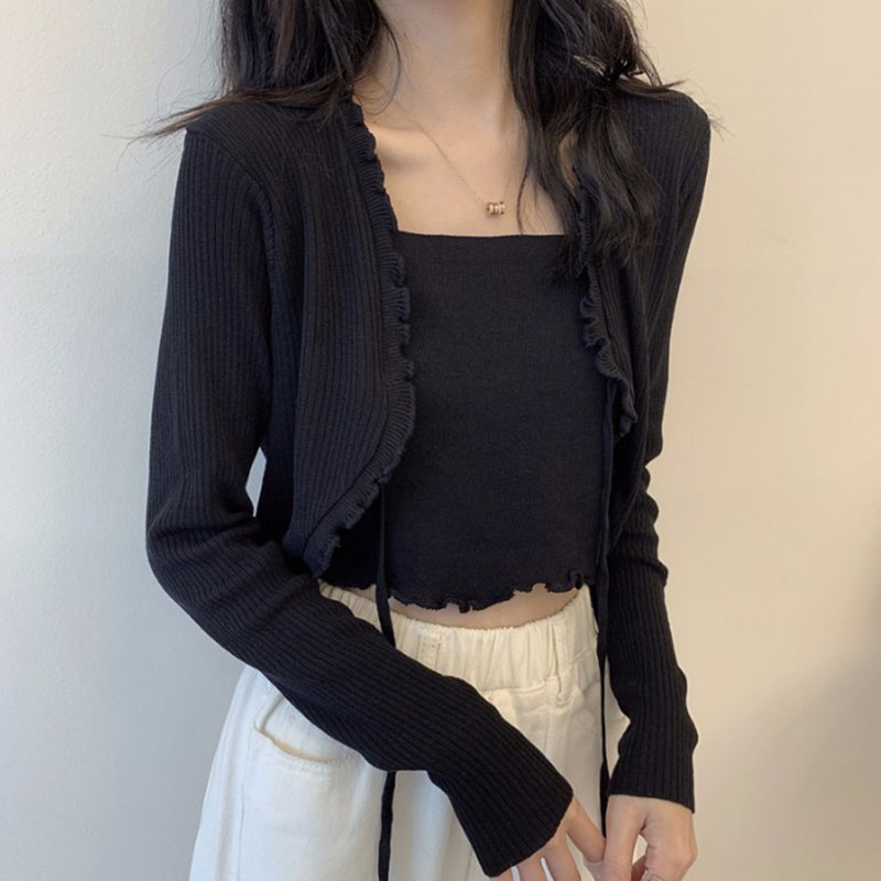 Fake Two Gentle Wind Knit Blouse Women Long Sleeves Short Outside Hitch Cardiovert Lady Spring Autumn Season Thin style Elegant Wind Jacket