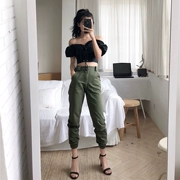 Hồng Kông hương vị retro chic gió eo cao là quần mỏng lỏng giản dị đẹp trai chân chùm màu rắn hoang dã quần harem nữ mùa hè thủy triều