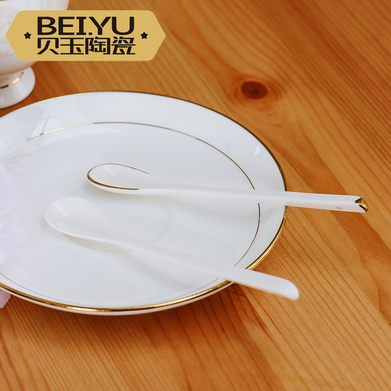 BeiYu pure white children eat small spoon, lovely long handle ceramic coffee spoon, European - style coffee spoon sauce mixing spoon