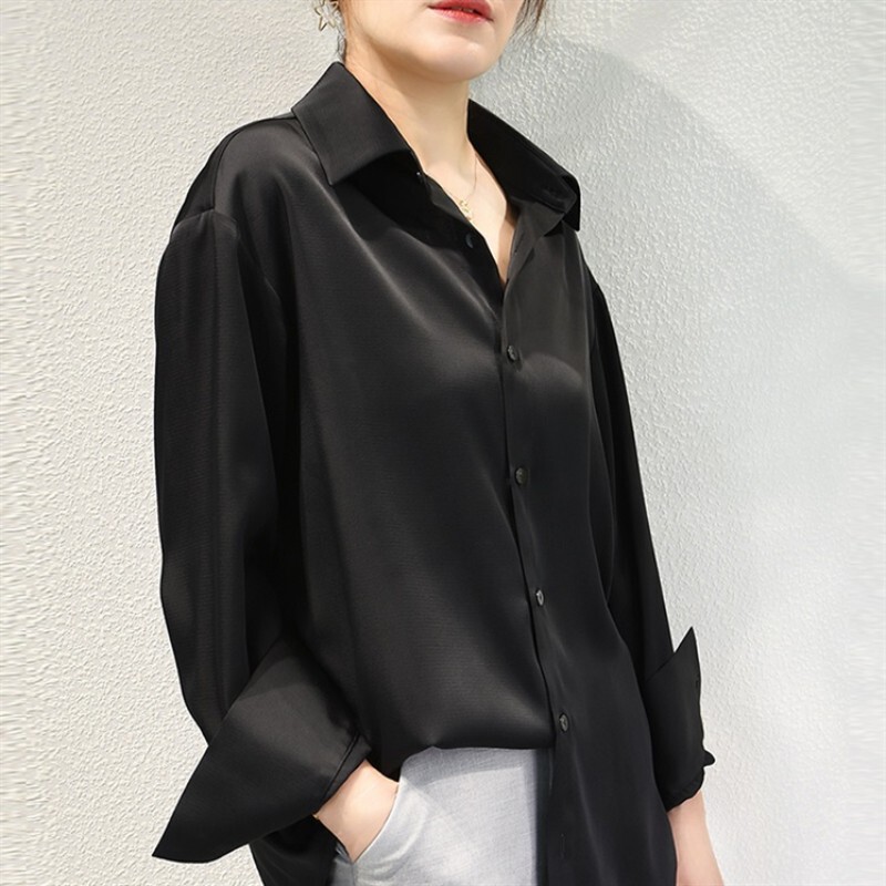 Loose and Casual Style, High-End Drape, Imitation Acetate Satin Black Shirt for Women, Plus Size, Layering, Wrinkle-Resistant, No-Iron White Shirt