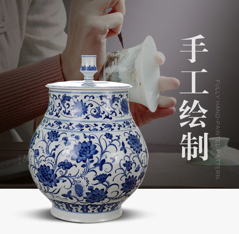 Restoring ancient ways is hand draw 2 jins with caddy fixings of blue and white porcelain ceramic storage tank puer tea to wake tea storage POTS moistureproof