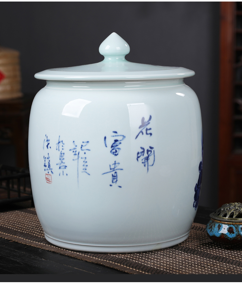 Seven loaves peony blue and white porcelain tea pot seal moisture puer tea boxes big tea cake store ceramic pot