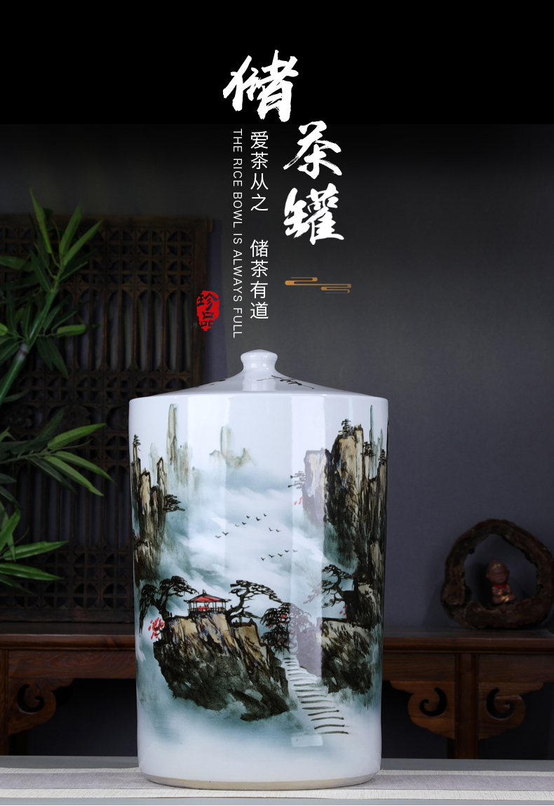 Hand - made scenery pu 'er tea pot large tea extra - large ceramic cylinder storage jar tea heavy barrels of tea cake tin