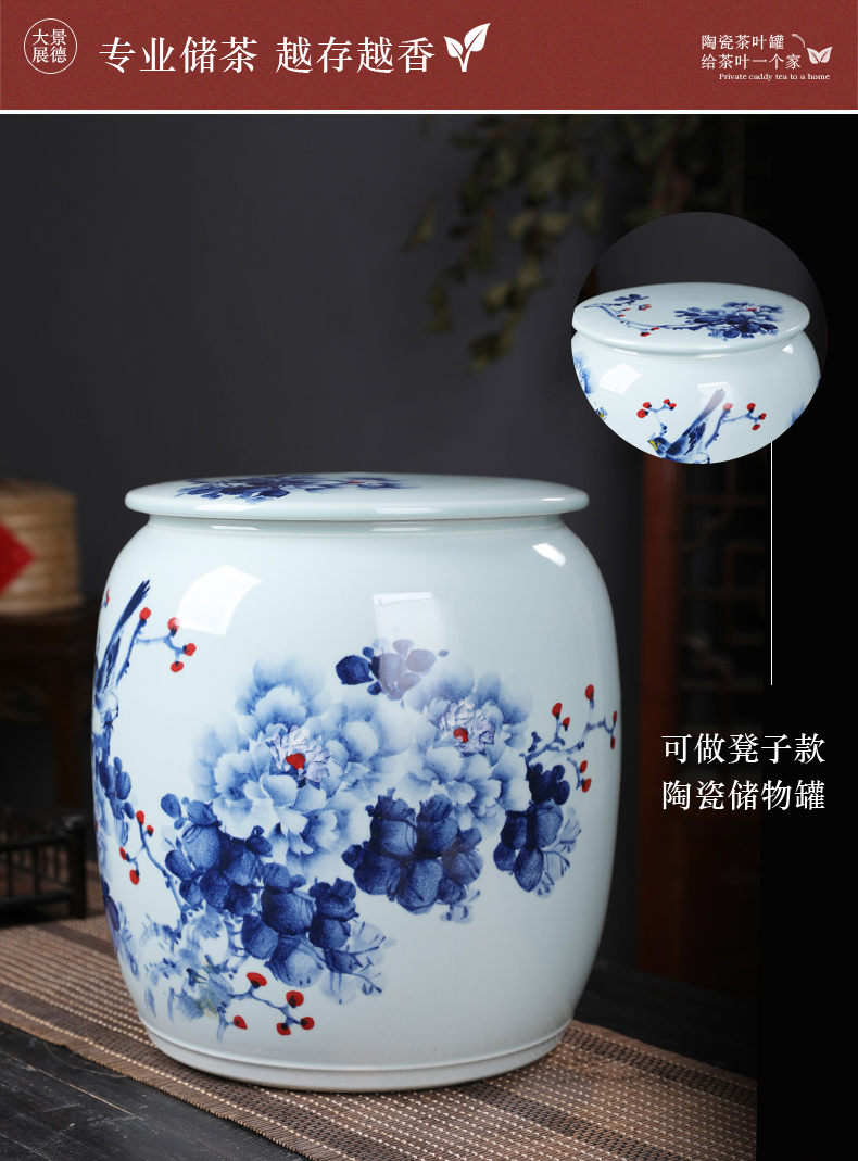 Hand made peony flowers and birds of blue and white porcelain tea pot queen with cover large capacity domestic king bulk storage tank