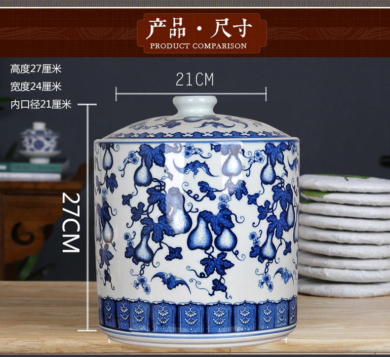 Blue and white porcelain tea pot big yards manual sealing up bread seven pu 'er tea ware ceramic ricer box cylinder storage tank