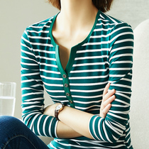 Nestled spring and summer new round neck striped long sleeve T-shirt woman 100 lap clothes v collar compassionate undershirt easy blouse