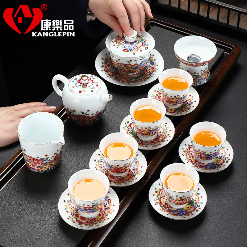 Recreational product riches and honor peony tureen tea set yourself see colour edge teapot jingdezhen enamel household kung fu tea set